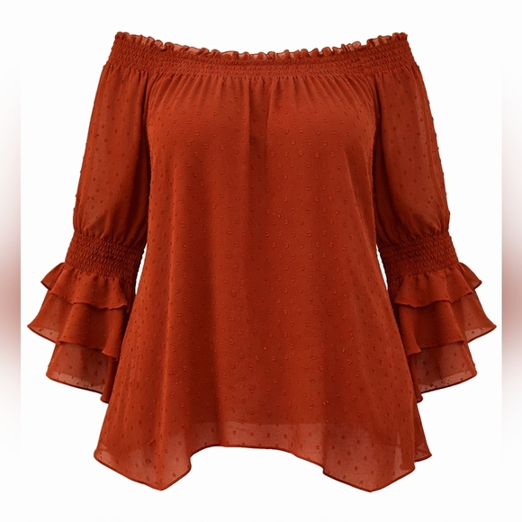 C Est. 1946 2X Rust Smocked Neck Sheer Blouse | Ruffle Sleeve Romantic Top - Picture 2 of 5